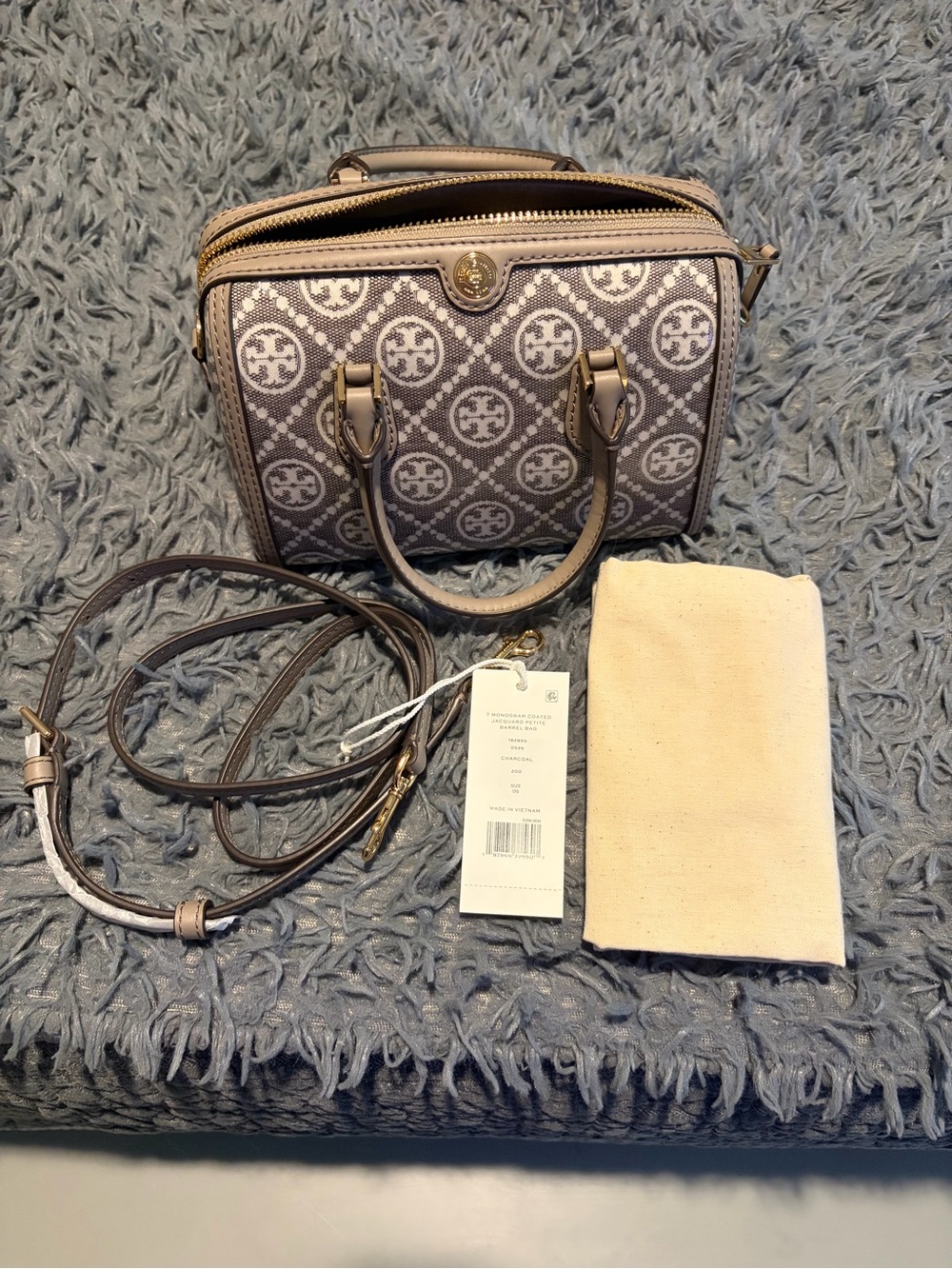 Tory Burch T Monogram Coated Jacquard Petite Barrel Bag Charcoal NWT